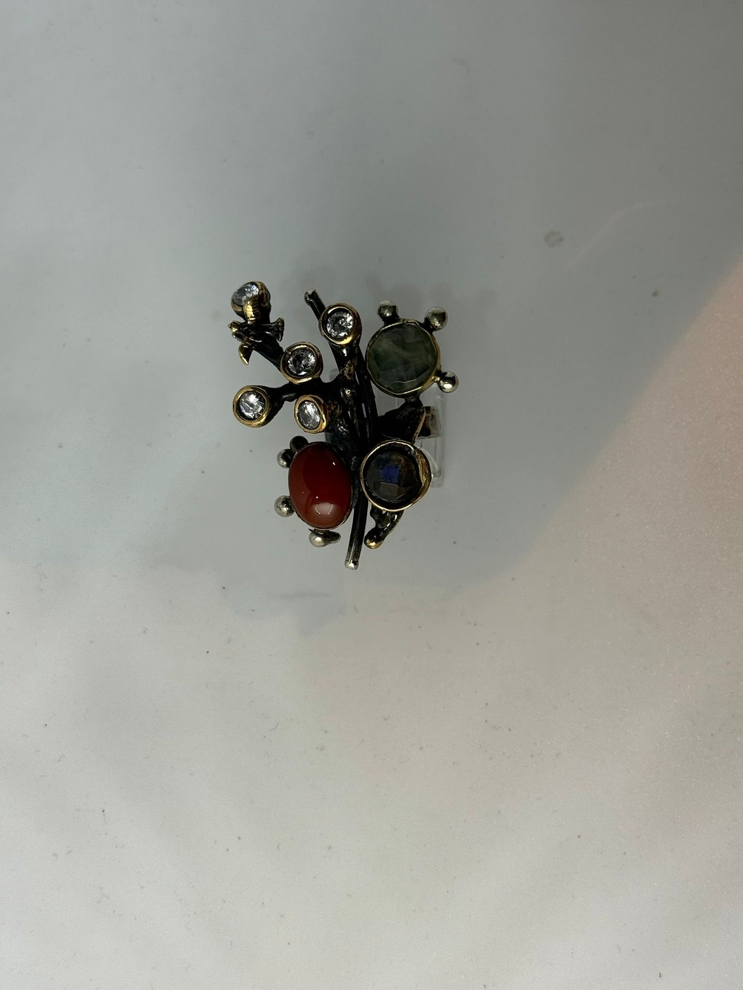 Anello Rondine Argento 925 e Bronzo con Corniola Abalone e Giada | Regolabile | Pezzo Unico