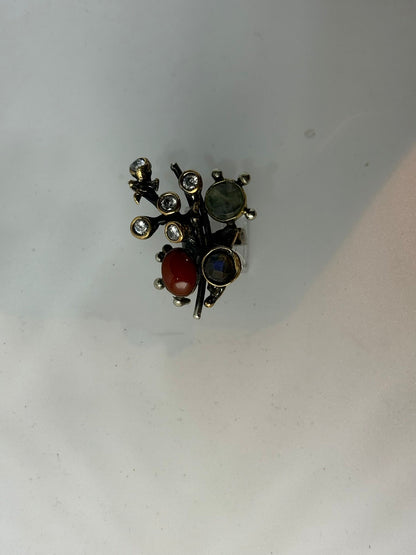 Anello Rondine Argento 925 e Bronzo con Corniola Abalone e Giada | Regolabile | Pezzo Unico