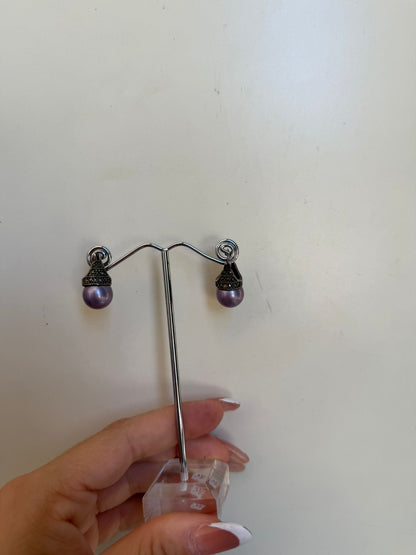 Orecchini in Argento 925 con Marcasiti e Perle Viola – Stile Retrò