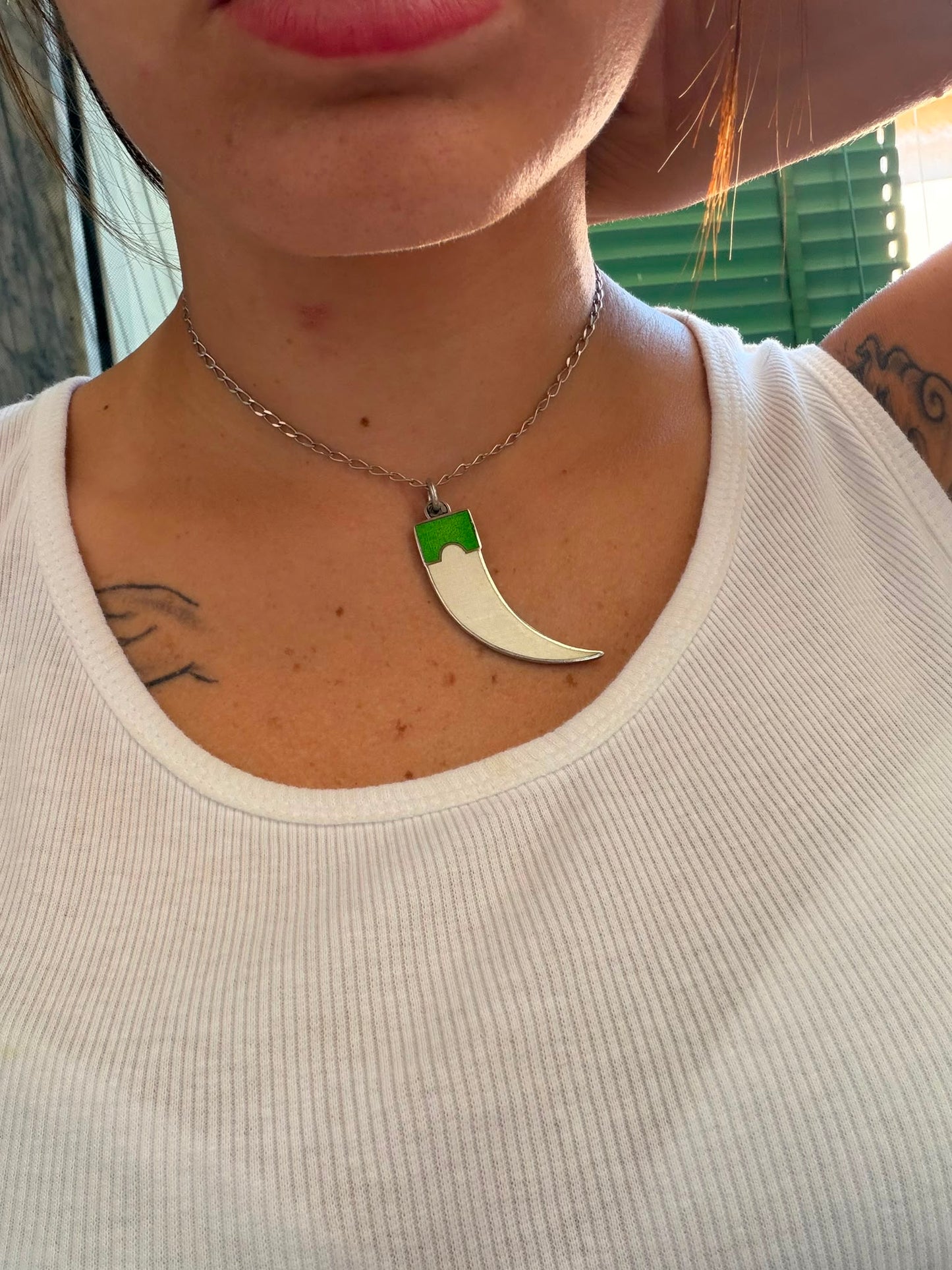 Collana in Argento 925 con Corno Smaltato Bianco e Verde – Portafortuna