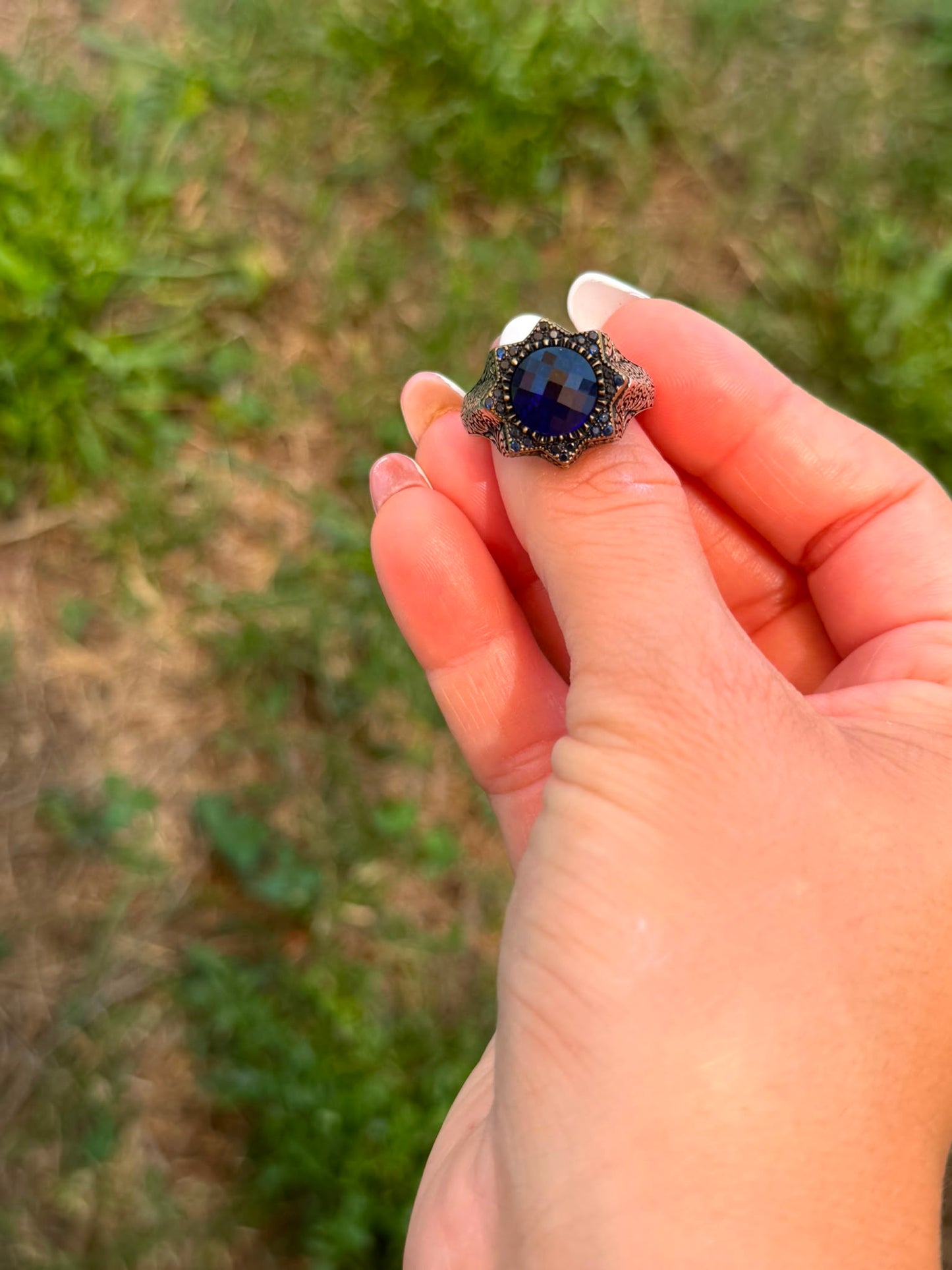 Anello in Argento 925 a Stella con Zaffiro Blu Taglio Sfaccettato