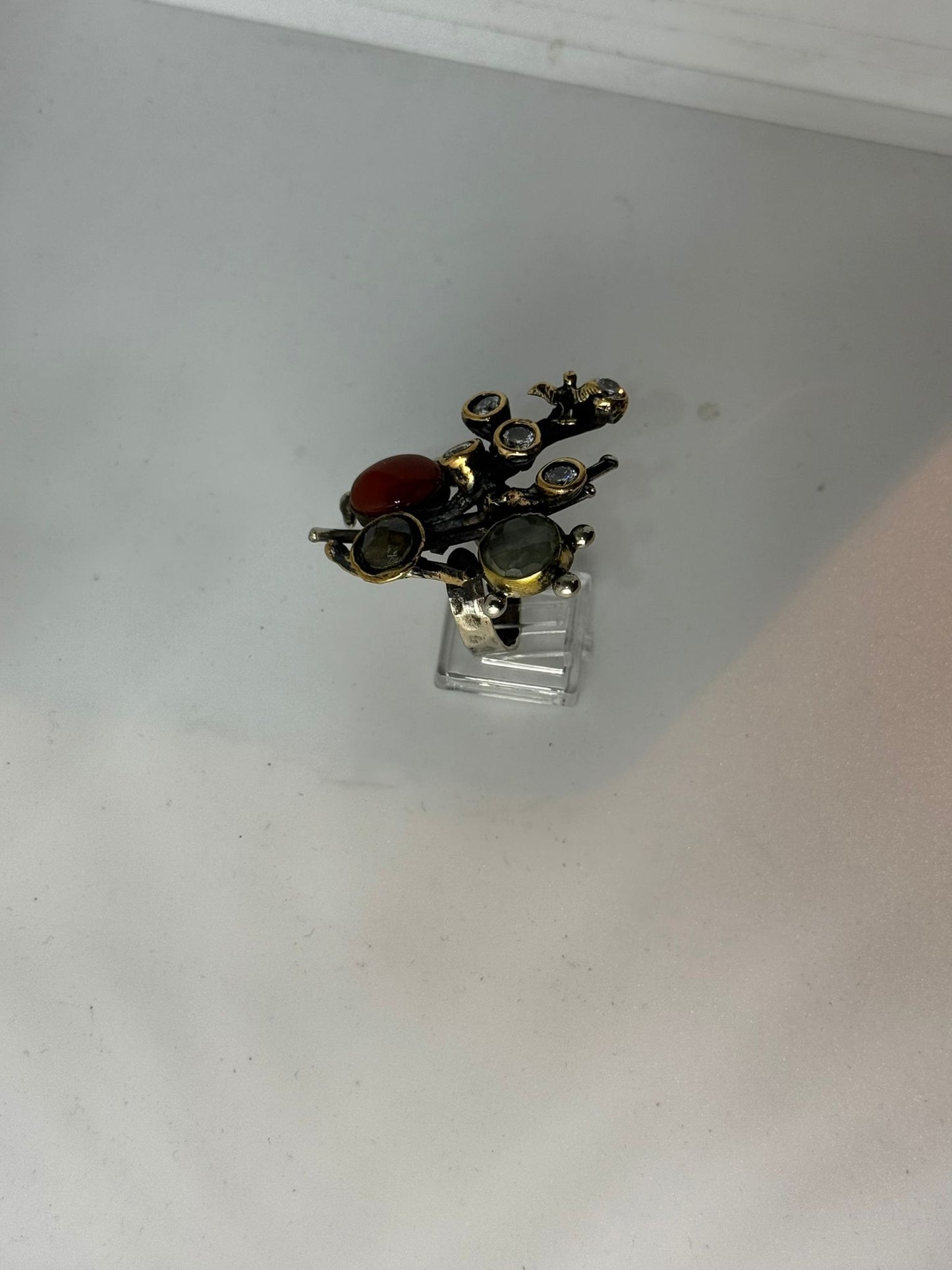 Anello Rondine Argento 925 e Bronzo con Corniola Abalone e Giada | Regolabile | Pezzo Unico