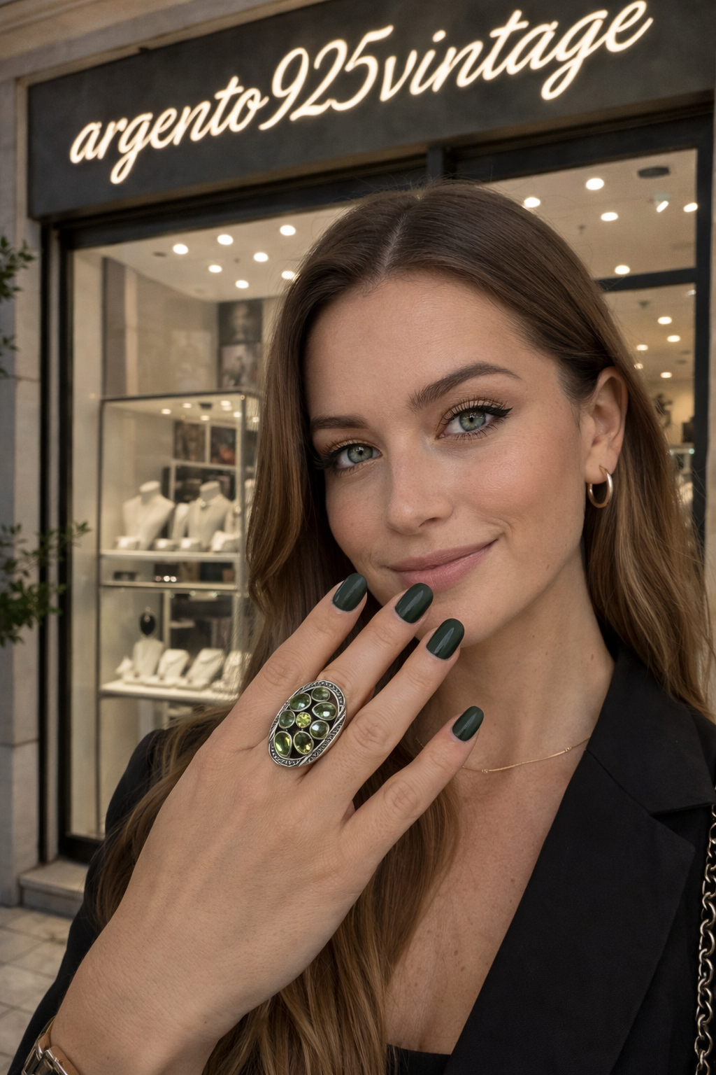 Anello Argento 925 con Pietre Serpentino Verde | Misura 16-17 | Pezzo Unico