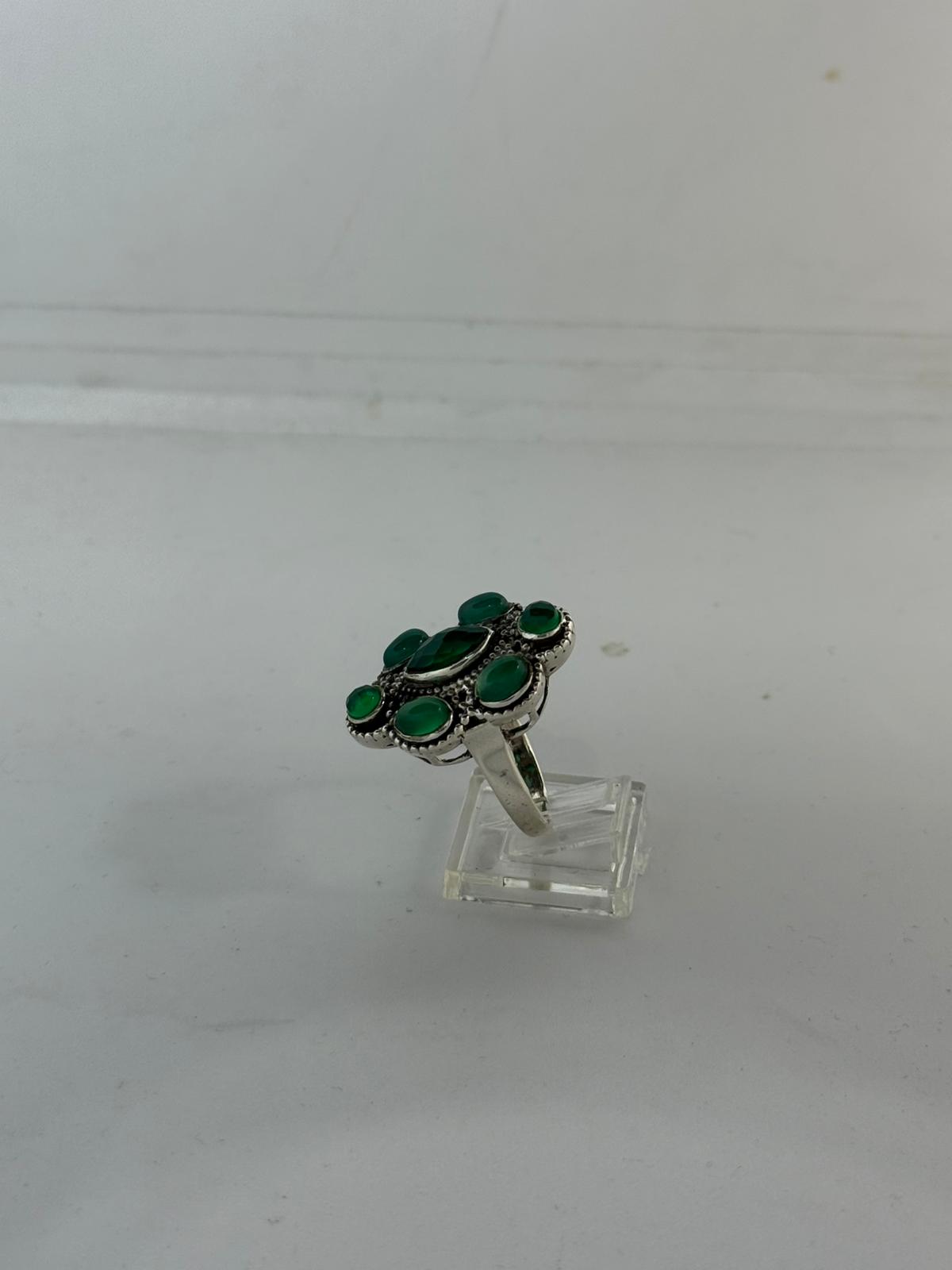 Anello Fiore Argento 925 Giada Verde e Radice di Smeraldo | Misura 22 | Pezzo Unico