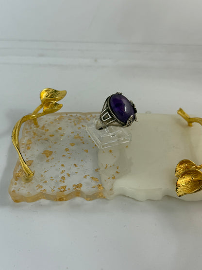 Anello Regolabile in Argento 925 con Ametista Viola, Fiori e Foglie – Pezzo Unico Artigianale