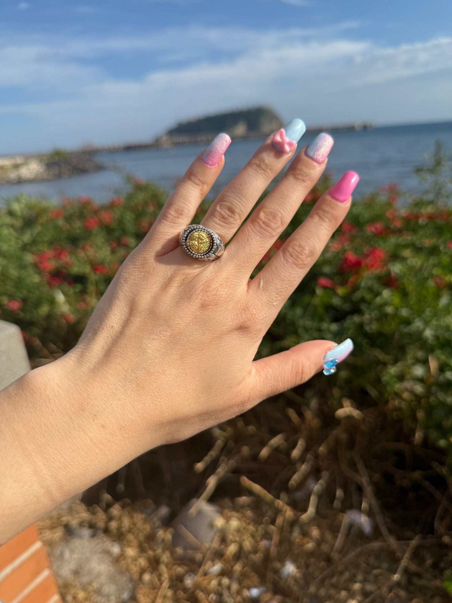 Anello in argento 925 moneta e pietra rossa