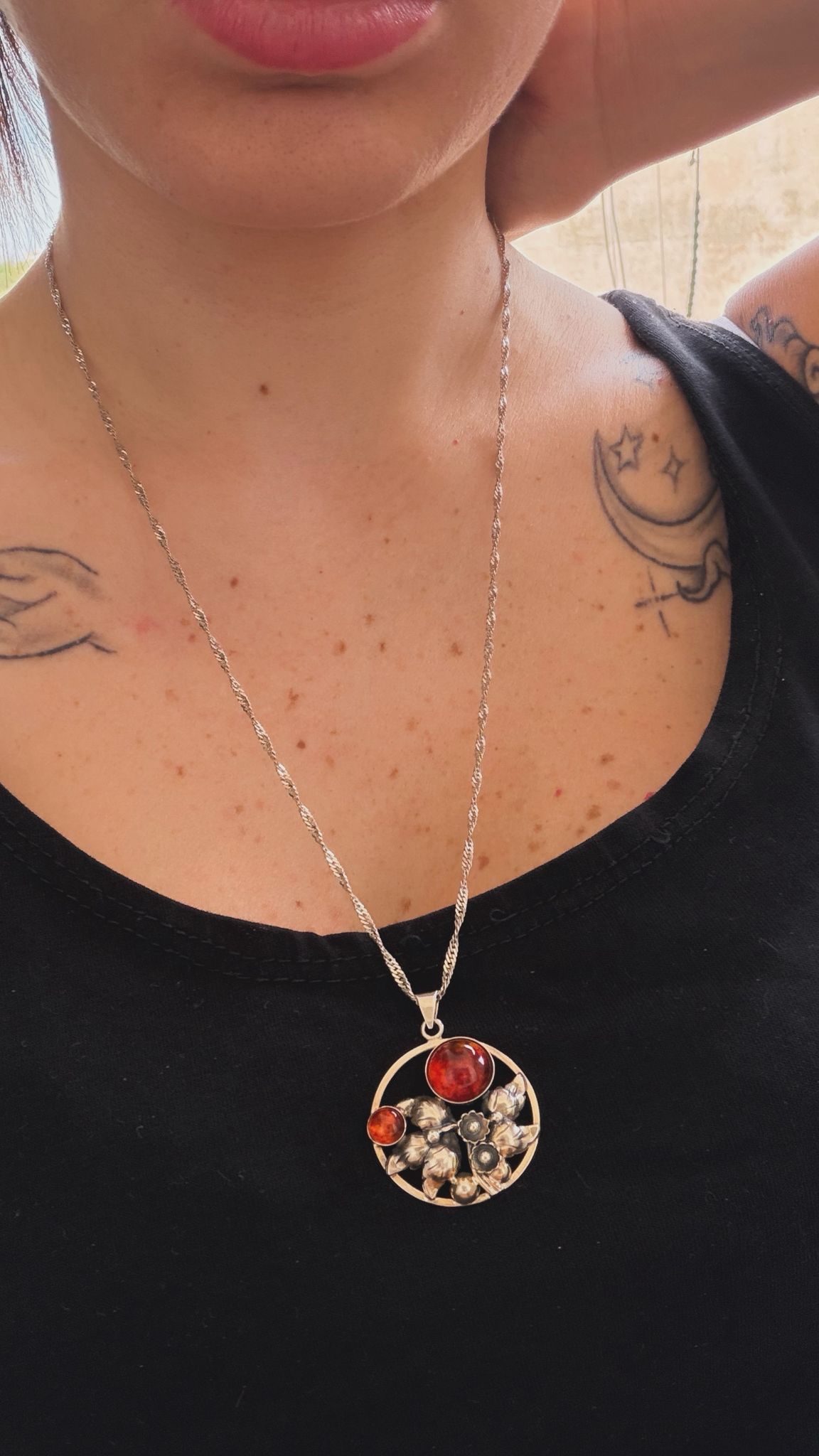 Collana in argento 925 ambra con fiori firmata Danehof – Pezzo unico