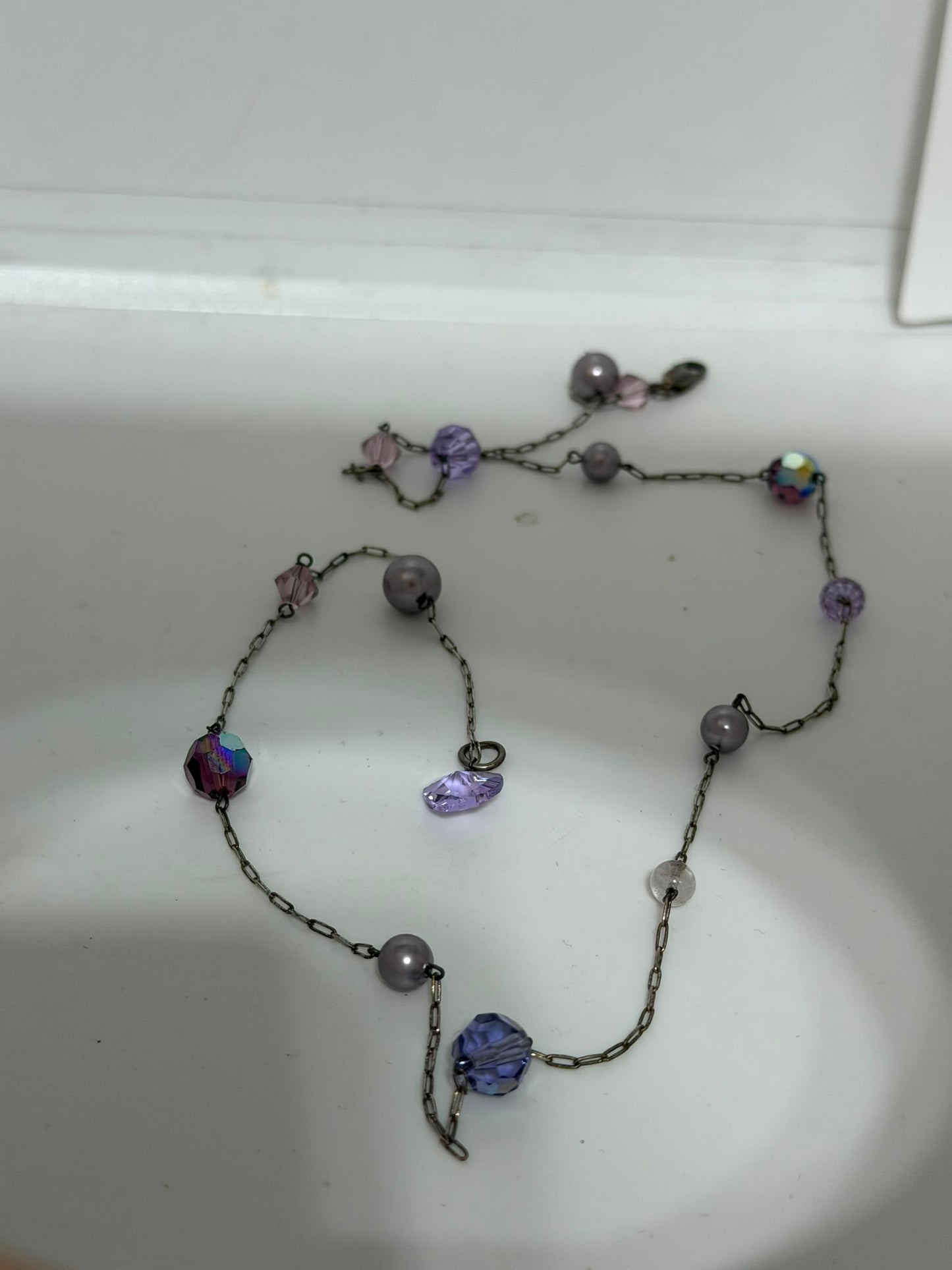 Collana in argento 925 con pietre viola, perle e cuore di ametista – Artigianale