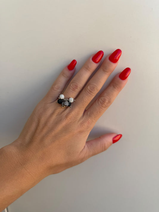 Anello regolabile in argento 925 con sfere e zirconi bianchi, grigi e neri – Pezzo Unico
