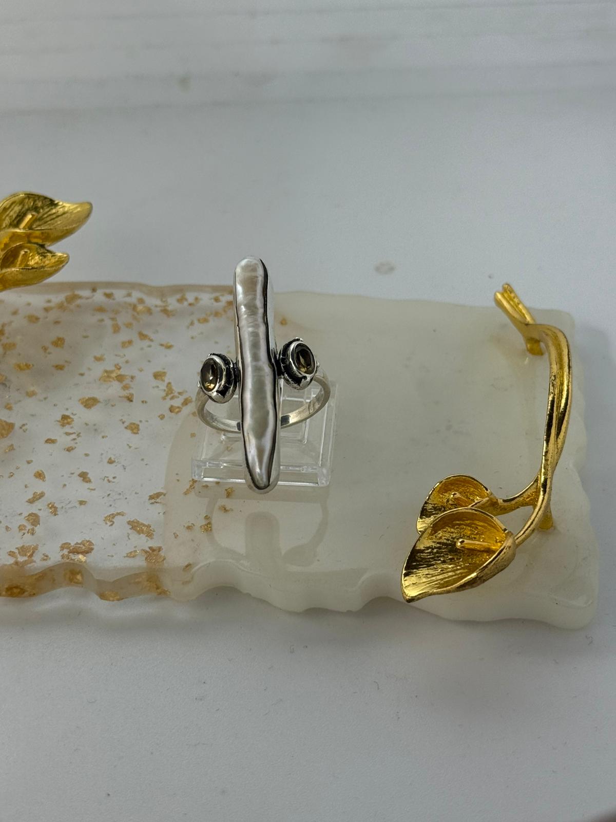 Anello Argento 925 con Perla Scaramazza e Citrino Giallo – Pezzo Unico