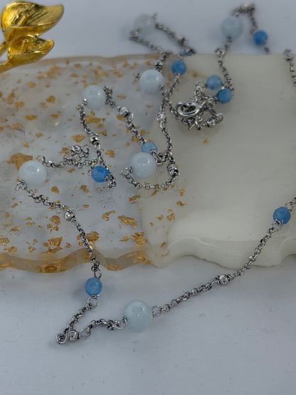 Collana lunga in argento 925 pietre agata blu e calcedonio.