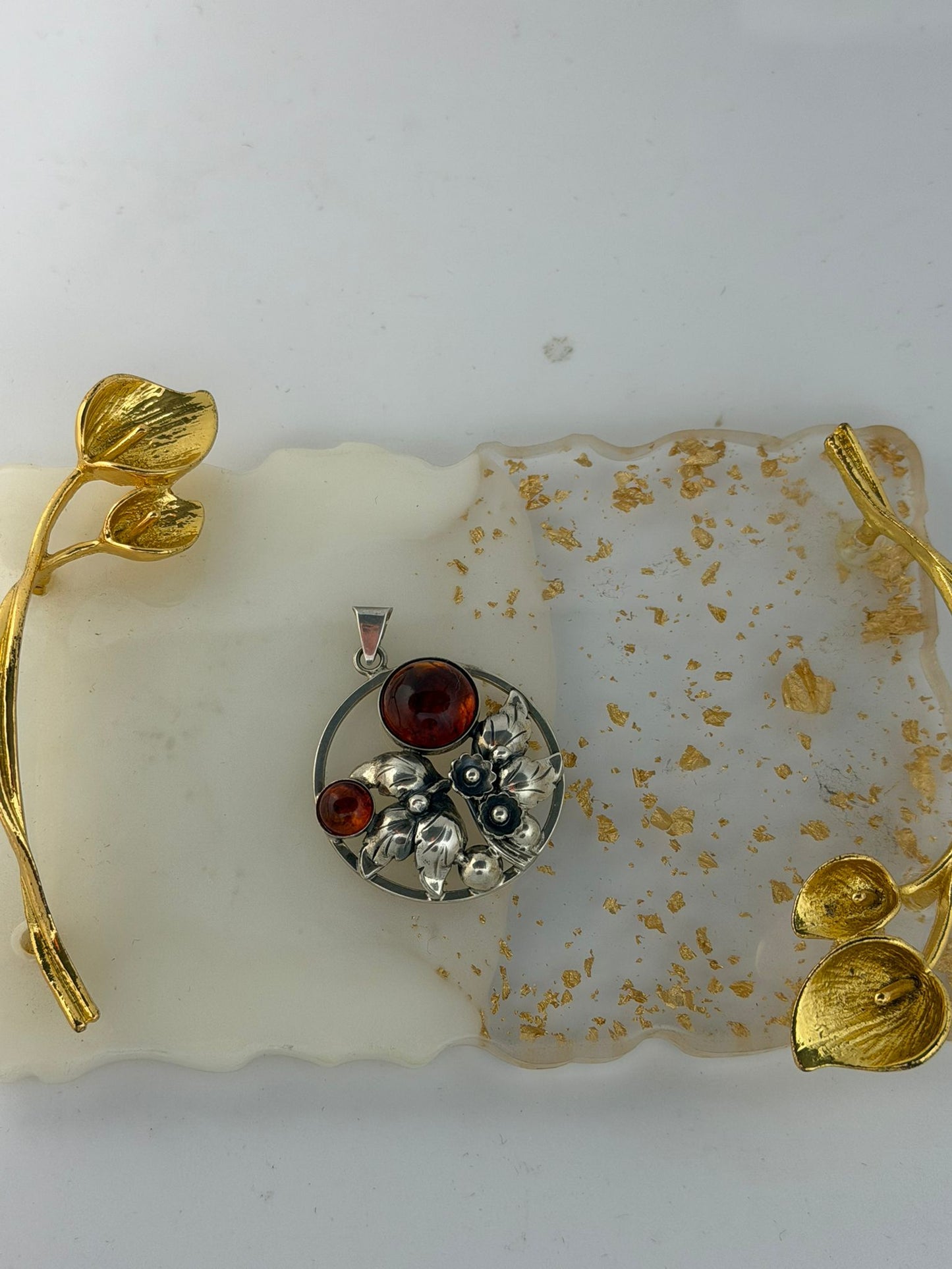 Collana in argento 925 ambra con fiori firmata Danehof – Pezzo unico