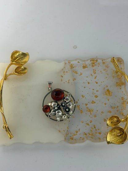 Collana in argento 925 ambra con fiori firmata Danehof – Pezzo unico