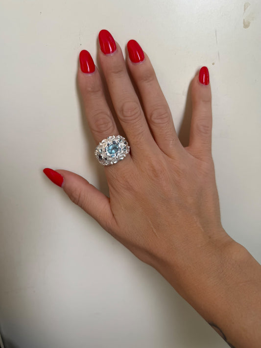 Anello floreale in argento 925 con acquamarina e topazio azzurro