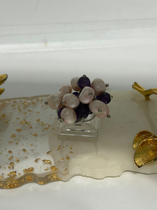 Anello regolabile in argento 925 con perle rosa e ametista viola – Pezzo Unico