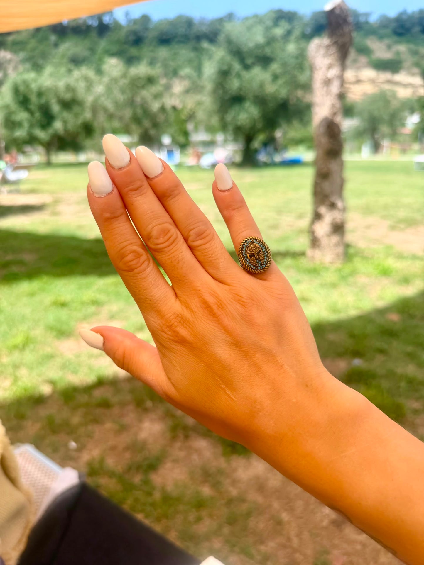 Anello in Argento 925 e Bronzo con Guerriero Centrale e Pietra Turchese