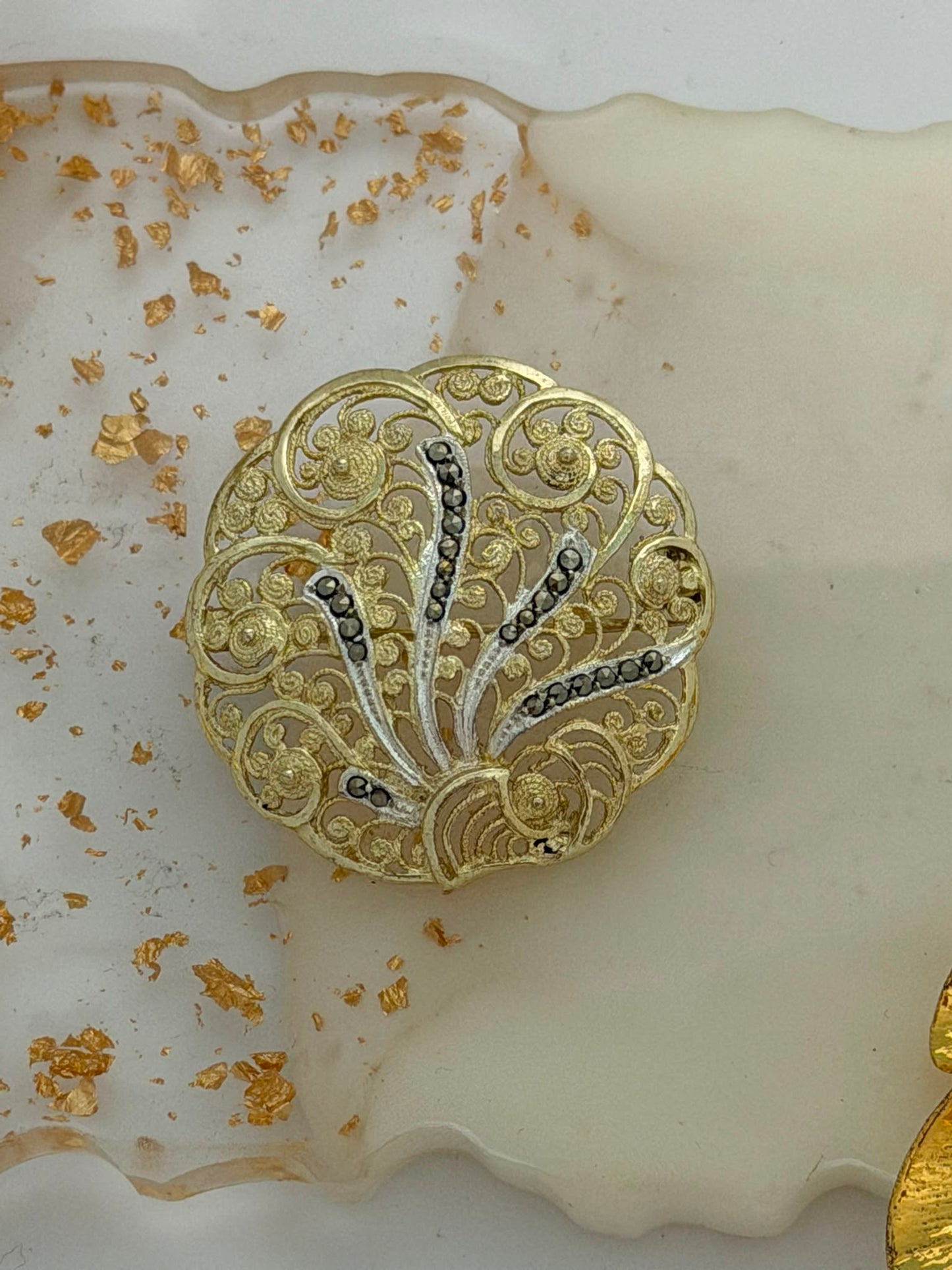 Spilla Filigranata Sarda in Argento 925 Dorata con Marcasiti – Pezzo Unico