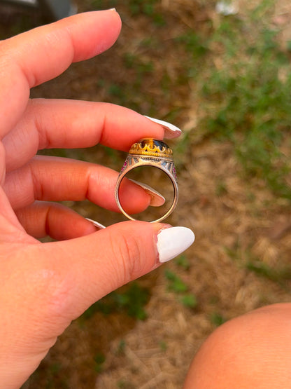 Anello in Argento 925 con Occhio di Tigre e Fiori di Zirconi Fuxia