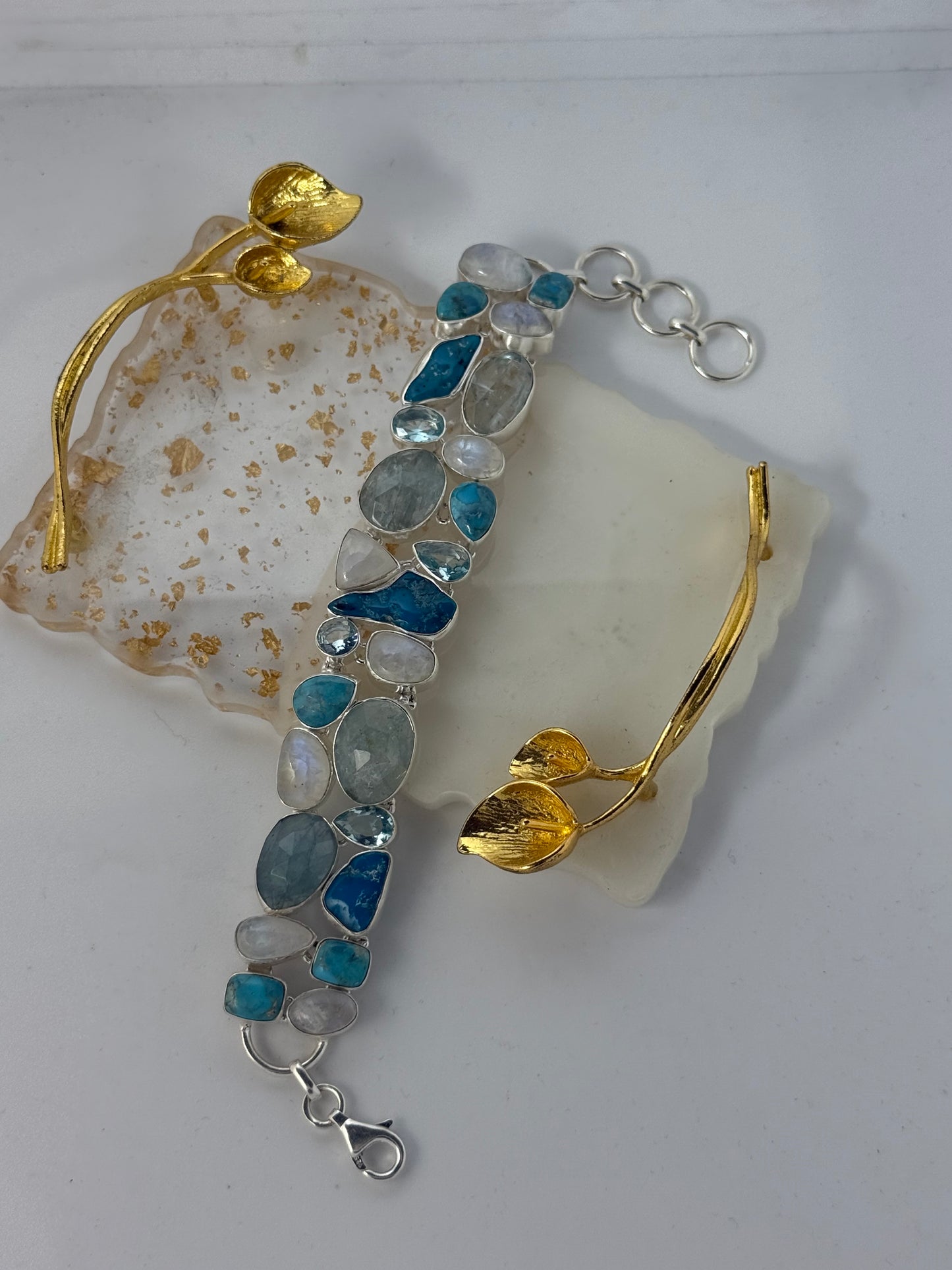 Bracciale in argento 925 con acquamarina, turchese, pietra di luna e quarzo – Pezzo Unico