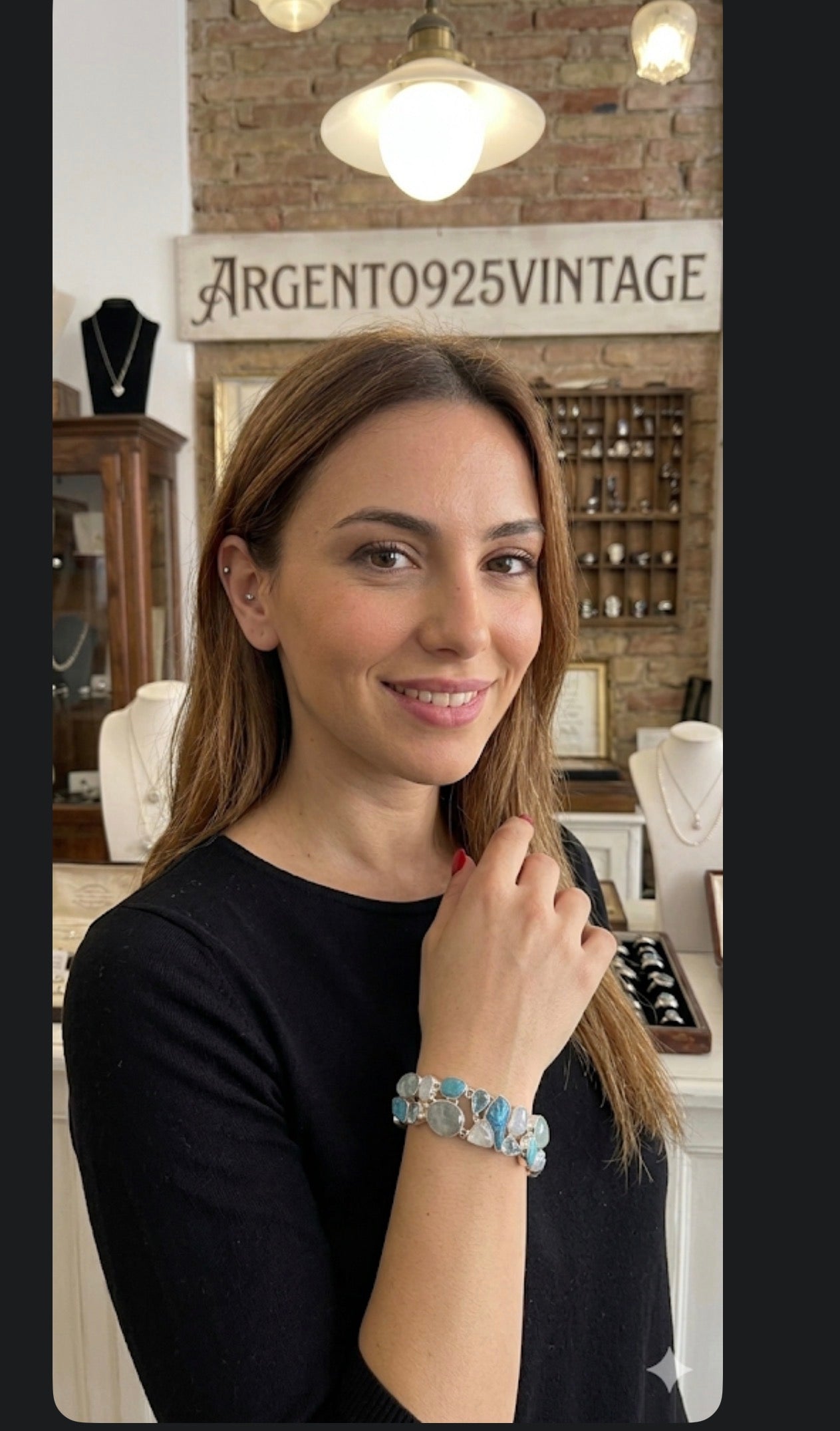 Bracciale in argento 925 con acquamarina, turchese, pietra di luna e quarzo – Pezzo Unico