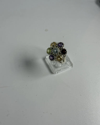 Anello Fiore Argento 925 con 5 Pietre Multicolor | Misura 17-18 | Pezzo Unico
