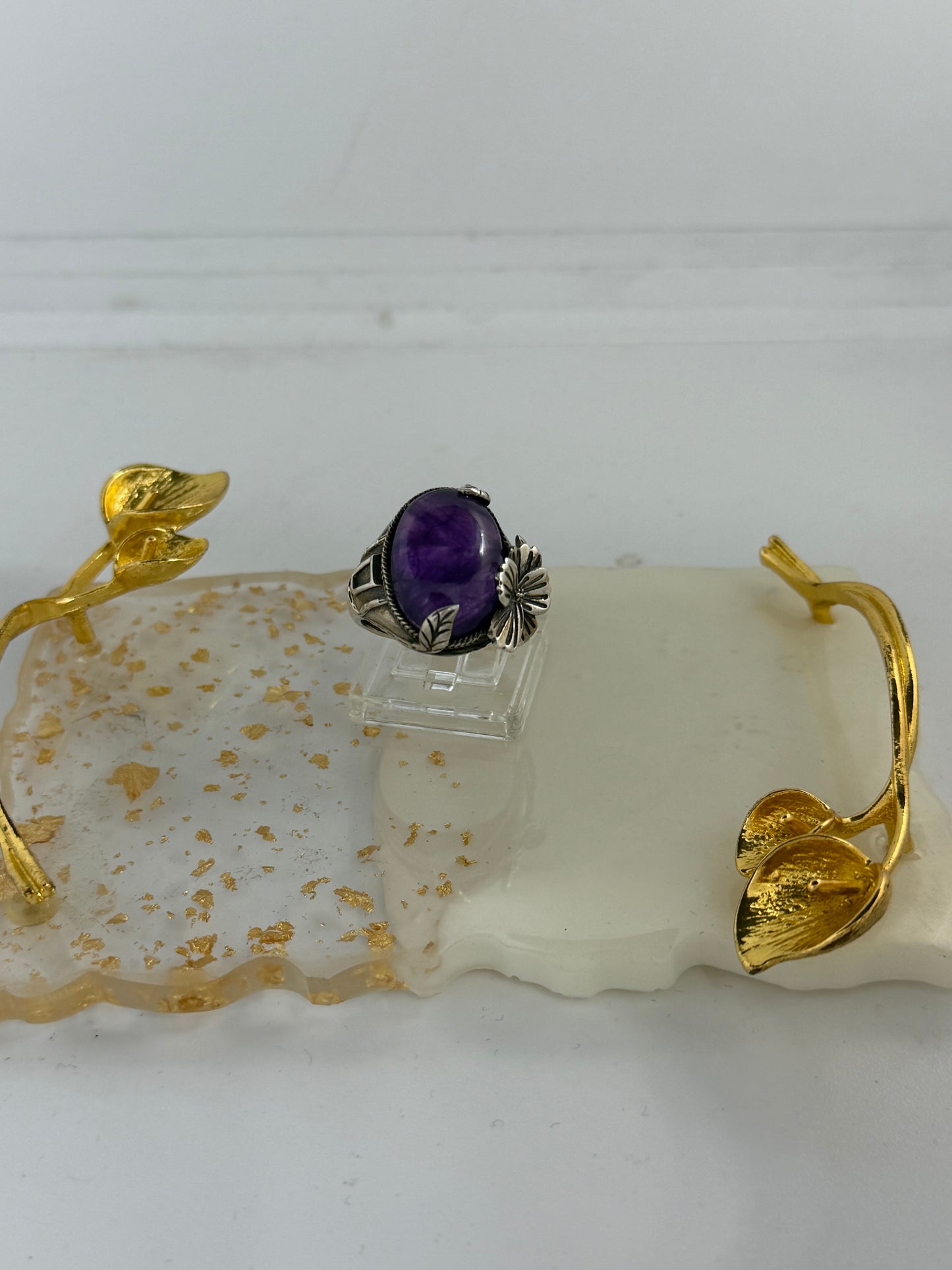Anello Regolabile in Argento 925 con Ametista Viola, Fiori e Foglie – Pezzo Unico Artigianale