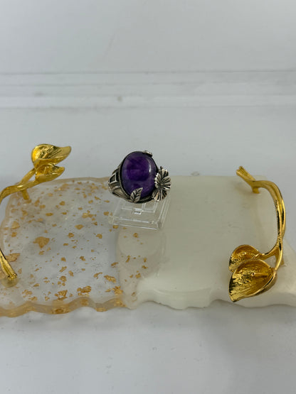 Anello Regolabile in Argento 925 con Ametista Viola, Fiori e Foglie – Pezzo Unico Artigianale