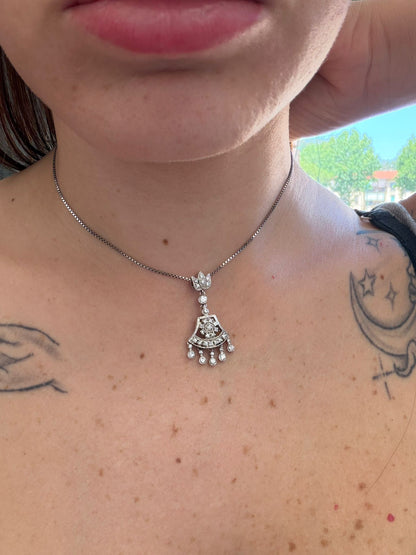Collana in Argento 925 con Ciondolo Art Déco Stile Liberty e Fiore con Pietre Bianche