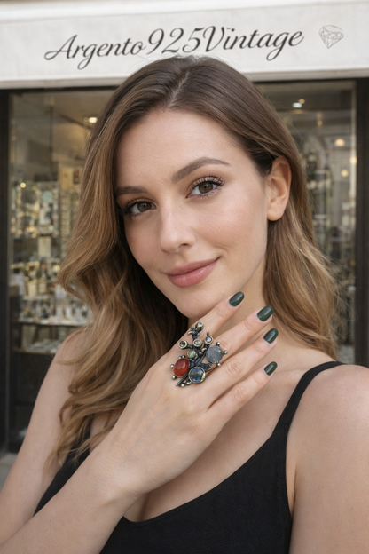 Anello Rondine Argento 925 e Bronzo con Corniola Abalone e Giada | Regolabile | Pezzo Unico