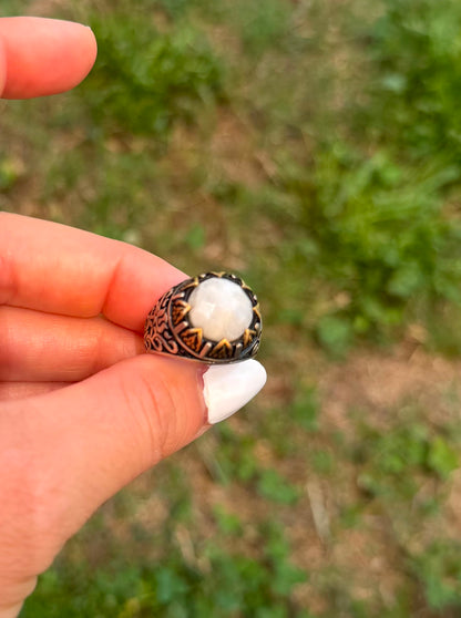 Anello in Argento 925 e Bronzo con Pietra di Luna Taglio Sfaccettato