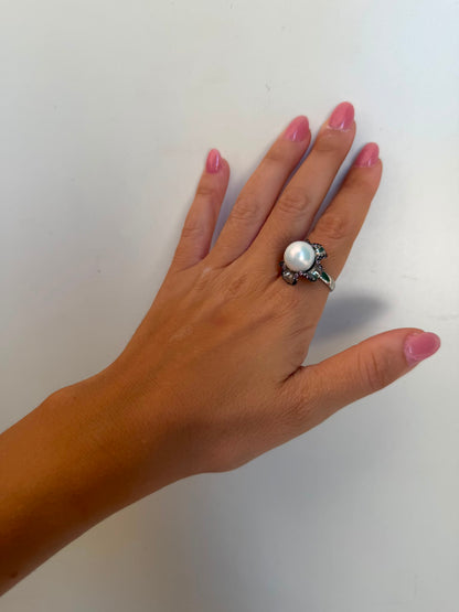 Anello in Argento 925 con Perla Bianca e Pietre Fuxia – Pezzo Unico