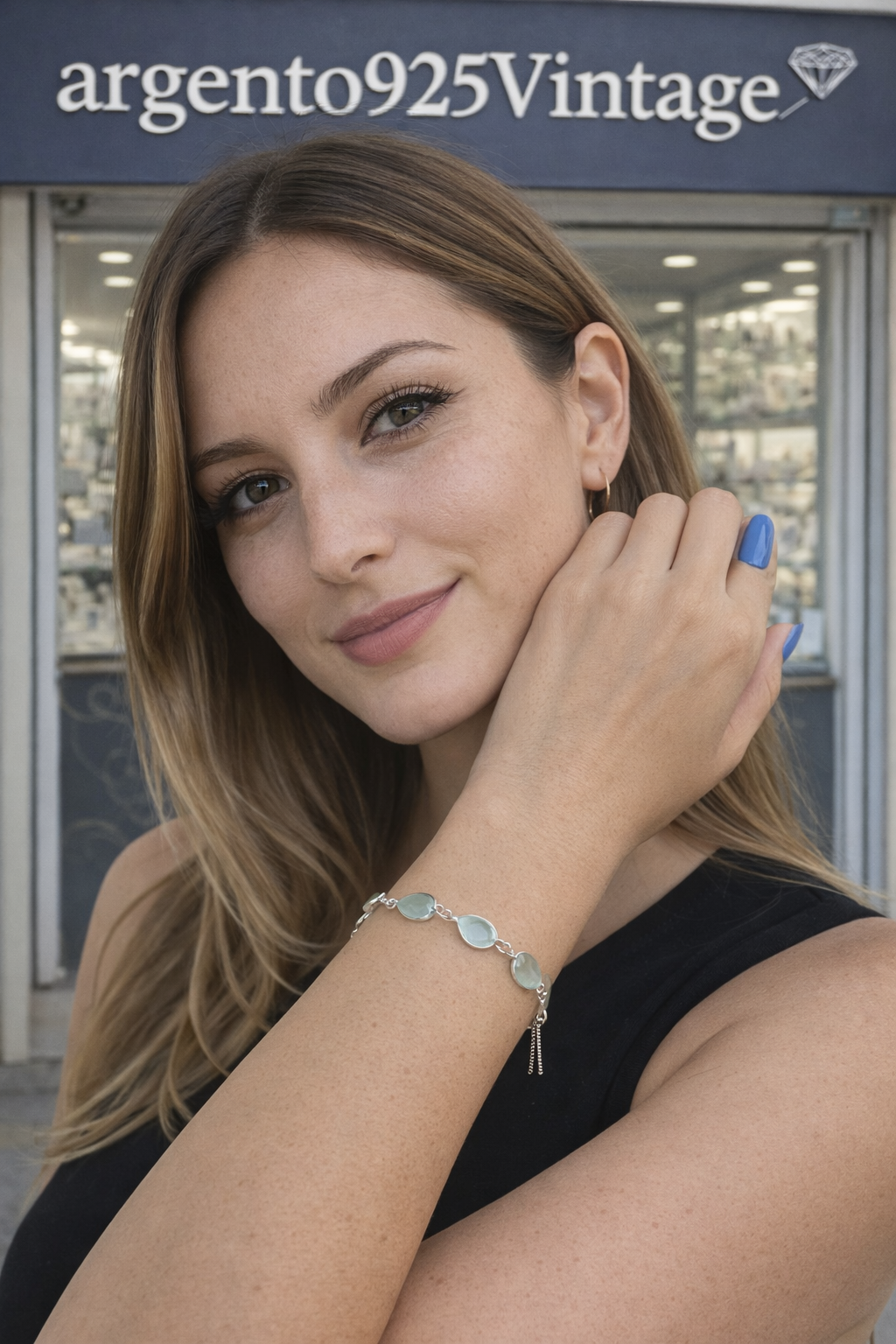 Bracciale Argento 925 Calcedonio Azzurro Sfaccettato Regolabile - Comunicazione