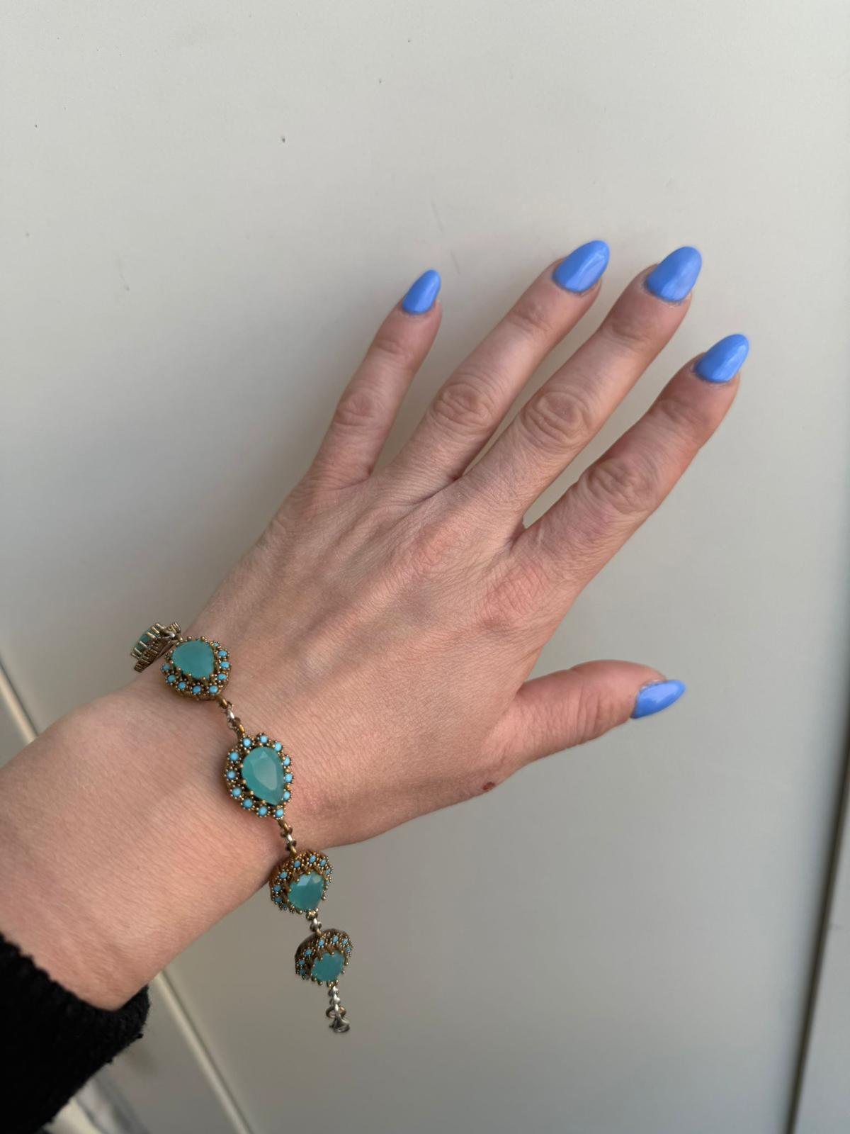 Bracciale Argento 925 Bronzo Calcedonio Azzurro Turchese - Taglio Sfaccettato