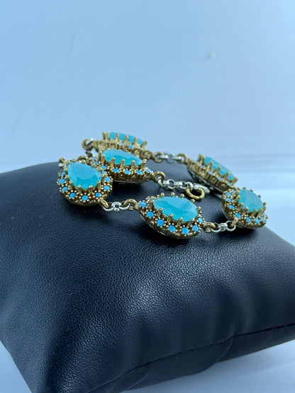 Bracciale Argento 925 Bronzo Calcedonio Azzurro Turchese - Taglio Sfaccettato