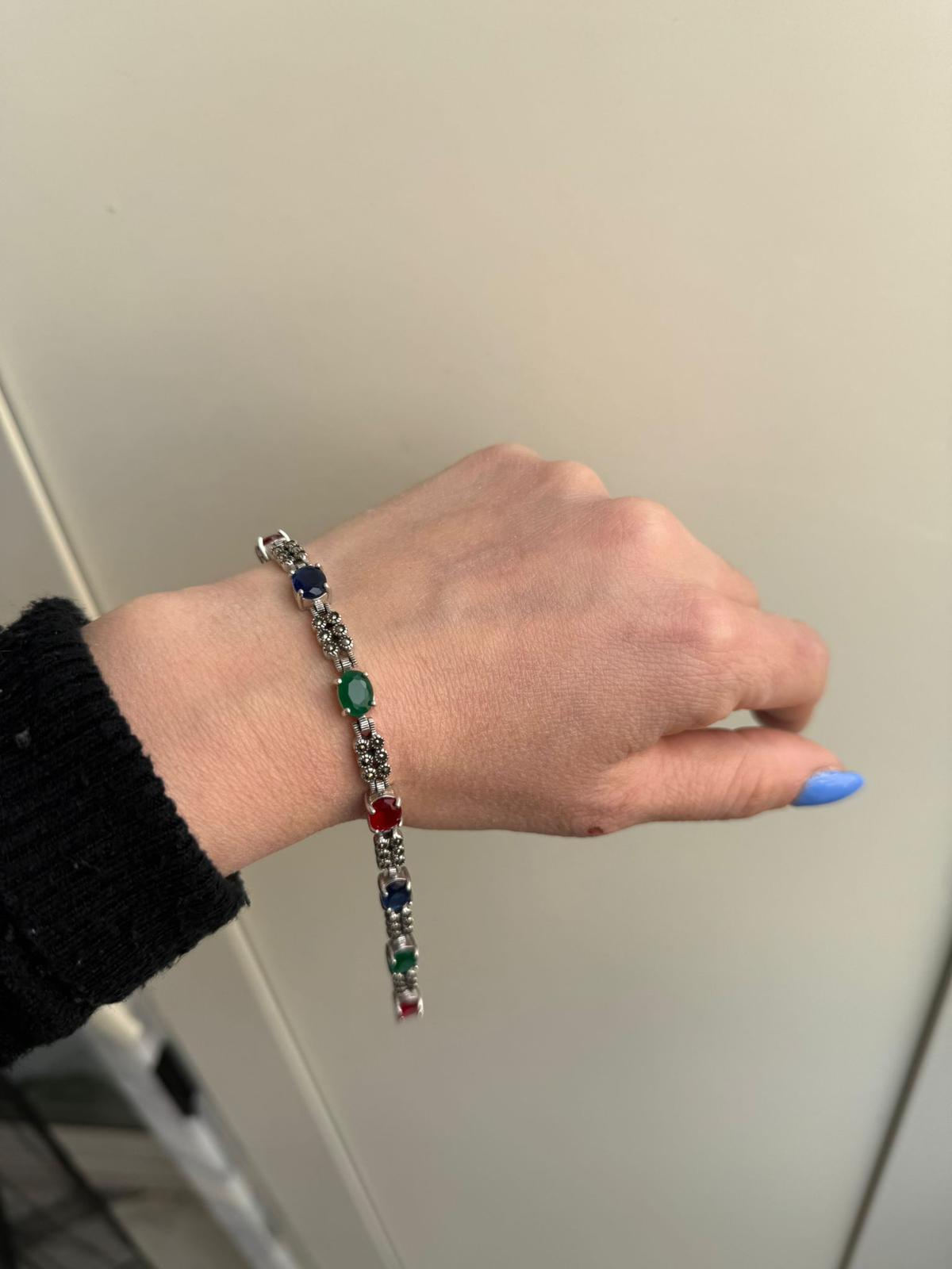 Bracciale Argento 925 Smeraldo Rubino e Zaffiro con Marcasiti – Tre Pietre Preziose Pezzo Unico