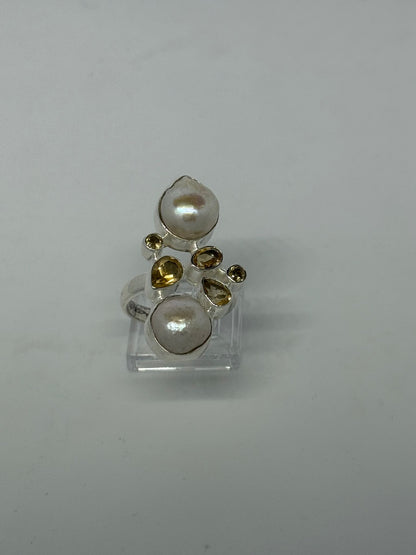 Anello in argento 925 perle e citrino giallo