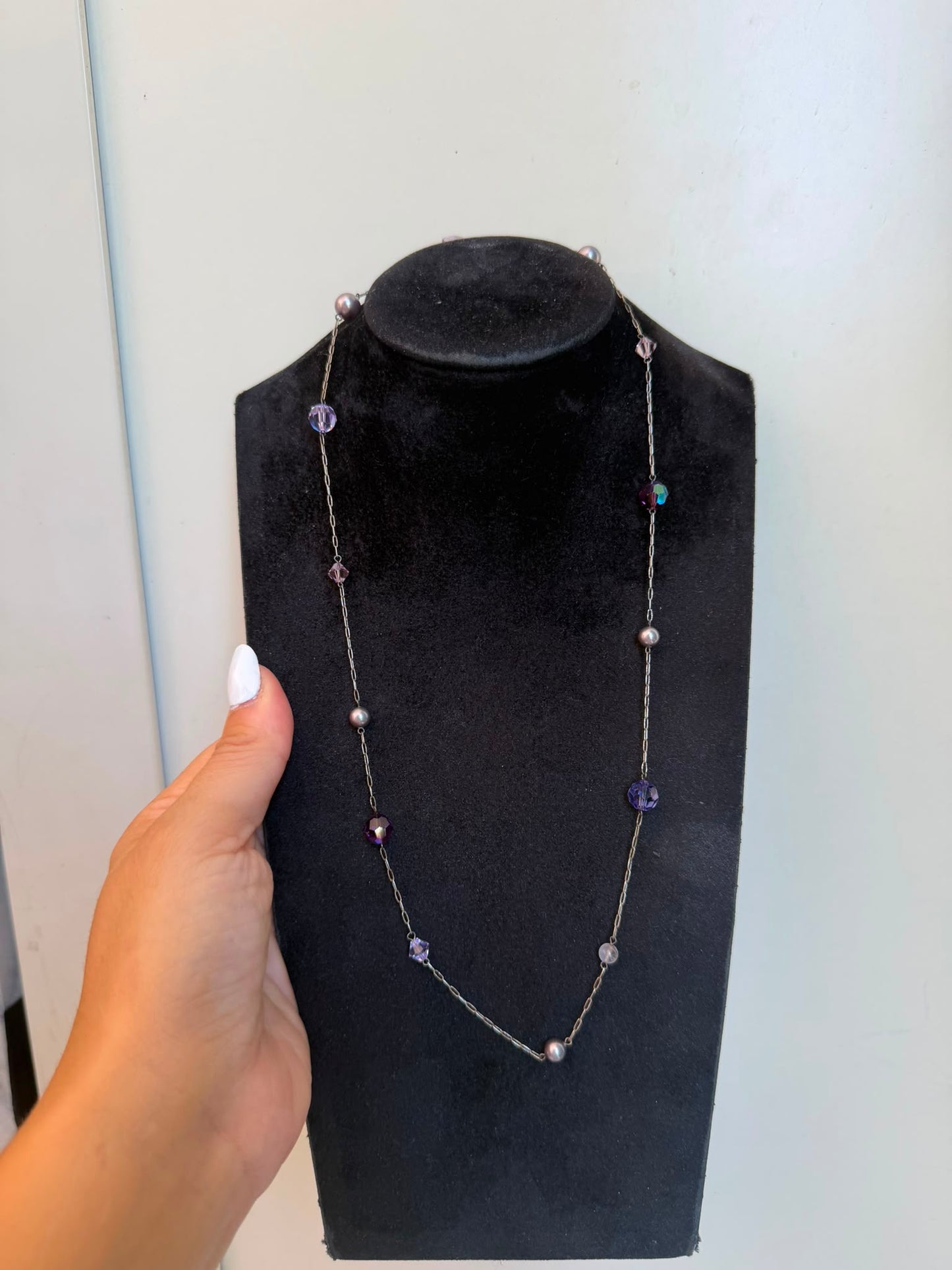 Collana in argento 925 con pietre viola, perle e cuore di ametista – Artigianale