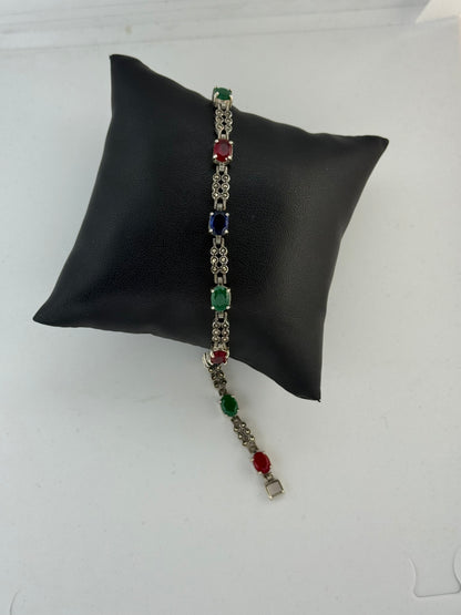 Bracciale Argento 925 Smeraldo Rubino e Zaffiro con Marcasiti – Tre Pietre Preziose Pezzo Unico