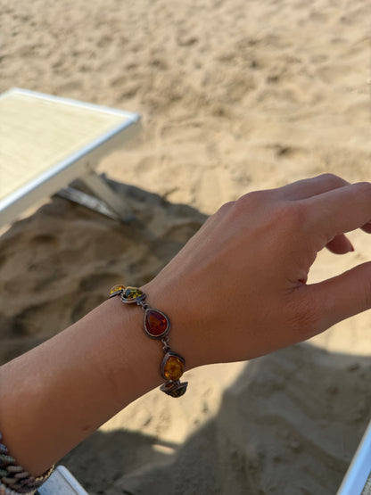 Bracciale in Argento 925 con Ambra Baltica a Tre Colori – Marrone, Gialla e Verde