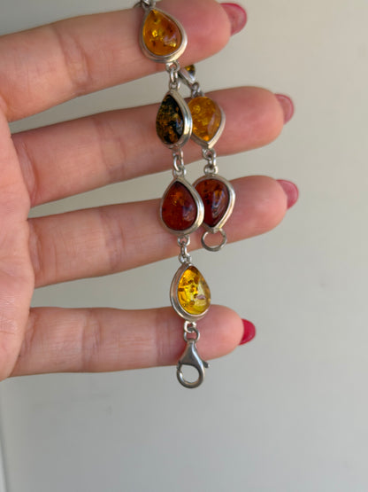 Bracciale in Argento 925 con Ambra Baltica a Tre Colori – Marrone, Gialla e Verde