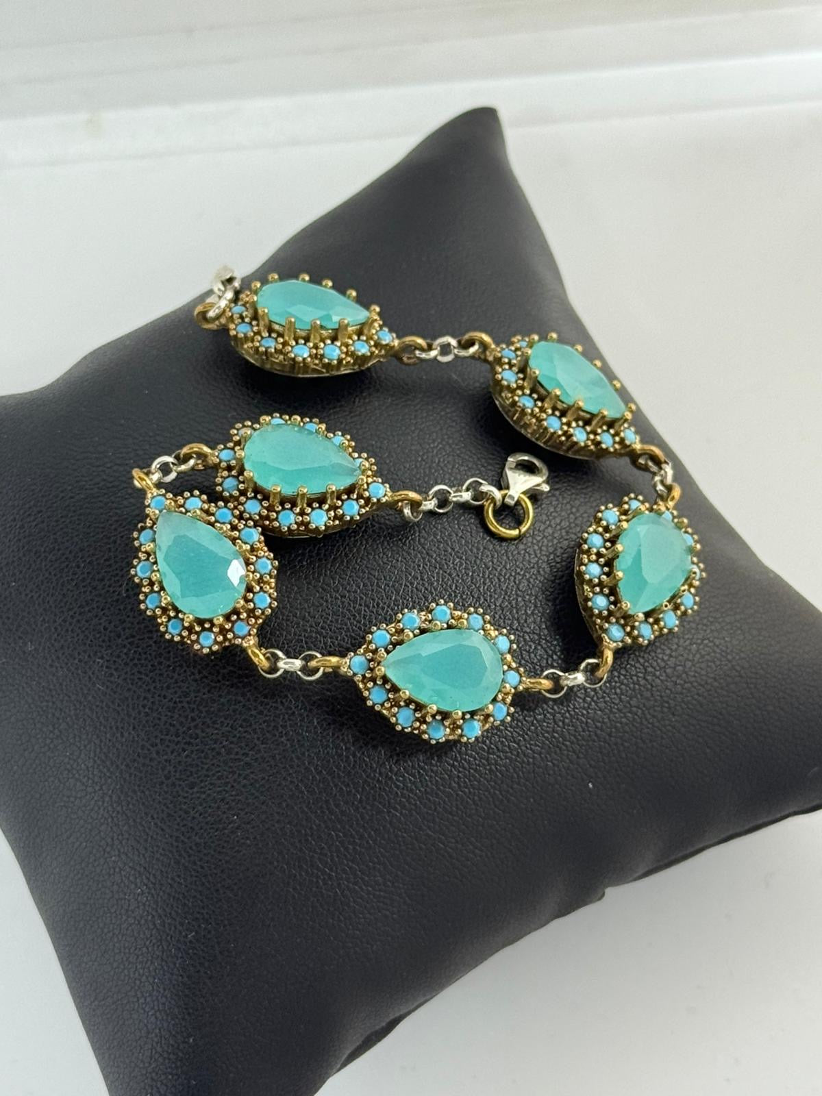 Bracciale Argento 925 Bronzo Calcedonio Azzurro Turchese - Taglio Sfaccettato