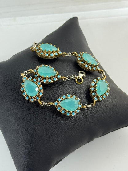 Bracciale Argento 925 Bronzo Calcedonio Azzurro Turchese - Taglio Sfaccettato
