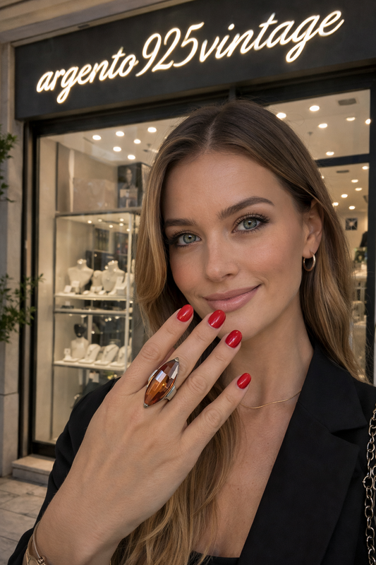 Anello Argento 925 a Spatola con Pietra Arancione Sfaccettata | Misura 18-19 | Pezzo Unico