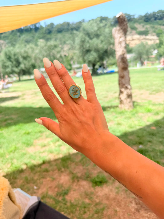 Anello in Argento 925 e Bronzo con Sagittario e Pietra Turchese
