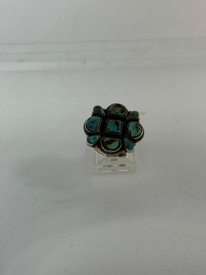 Anello Fiore Argento 925 con Turchese Verde Naturale | Regolabile | Pezzo Unico