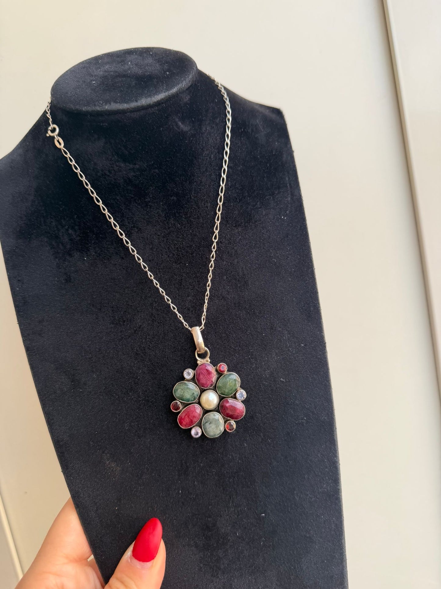 Collana in argento 925 fiore con pietre preziose – Artigianale