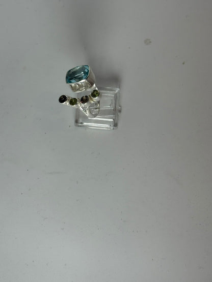 Anello Argento 925 Acquamarina Serpentino Verde e Quarzo | Regolabile | Pezzo Unico