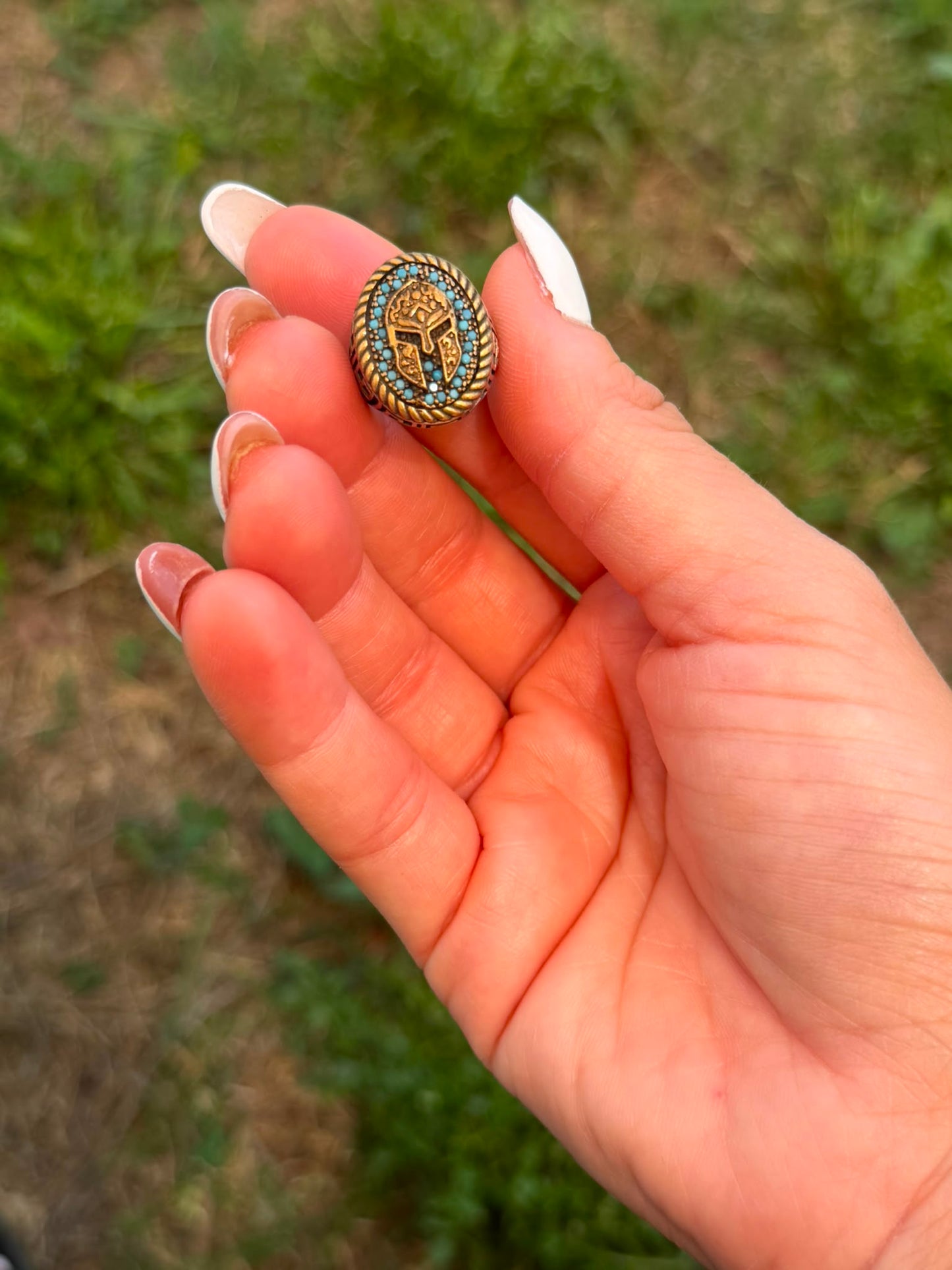 Anello in Argento 925 e Bronzo con Guerriero Centrale e Pietra Turchese