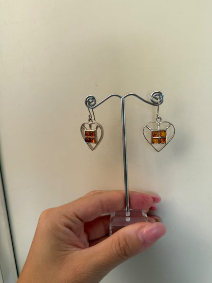Orecchini a Cuore in Argento 925 con Ambra Baltica Naturale