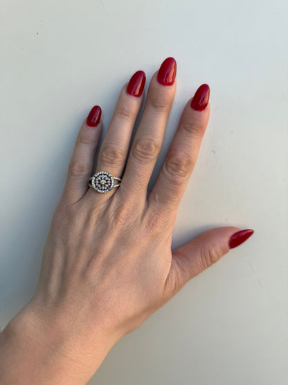 Anello Art Déco Fiore Argento 925 Oro con Pietre Bianche | Regolabile | Pezzo Unico